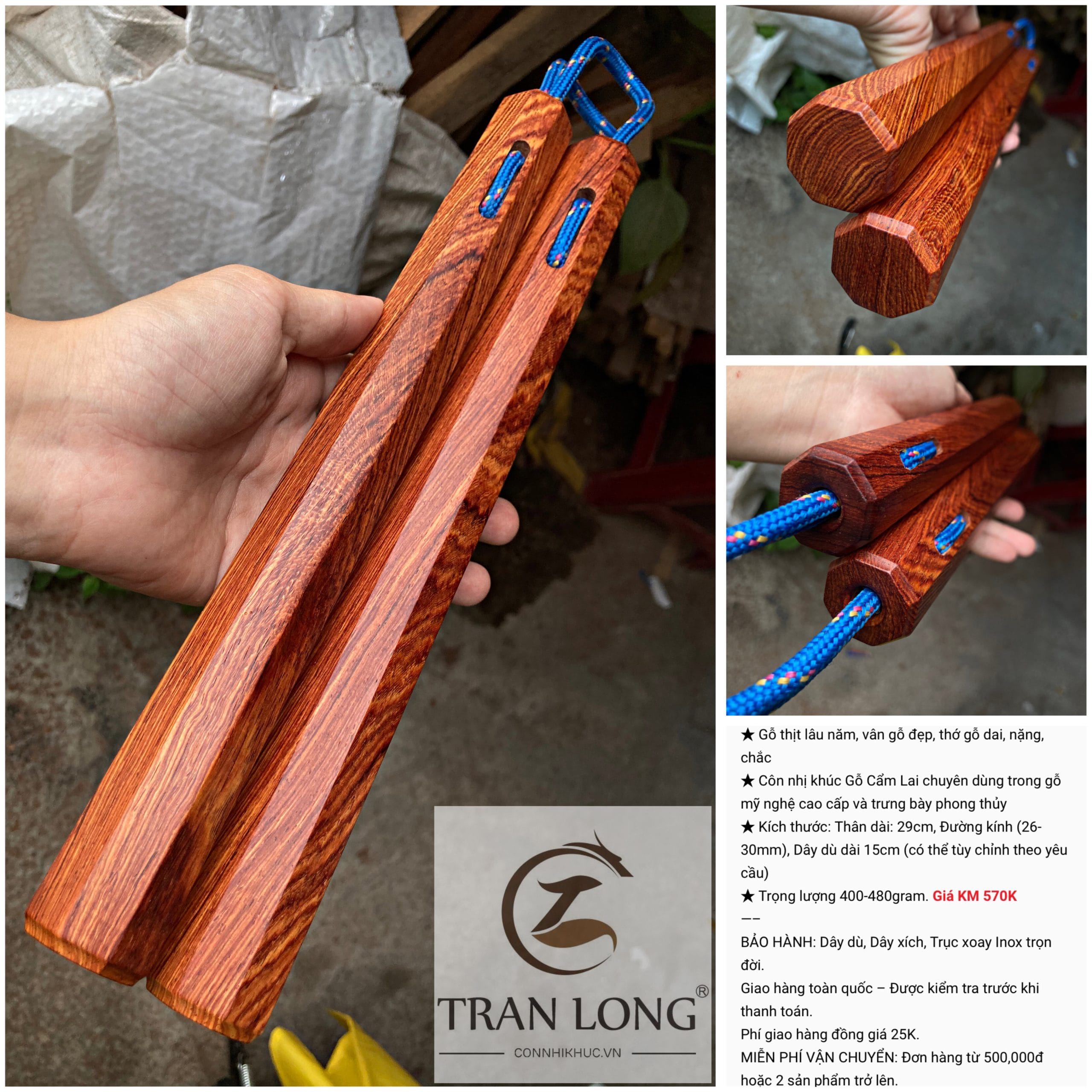 côn nhị khúc gỗ cẩm lai dây dù kiểu bát giác
